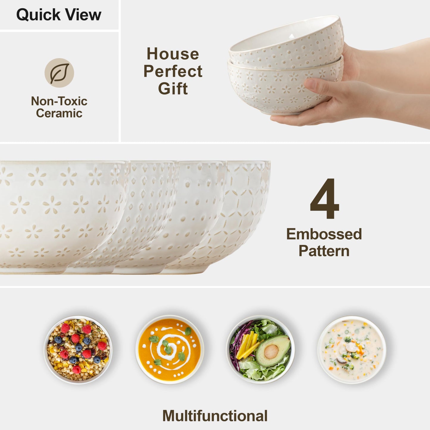 Beeniro Beeniro Modern Stoneware Cereal Bowls Set of 4 | 30oz (6 Inch)