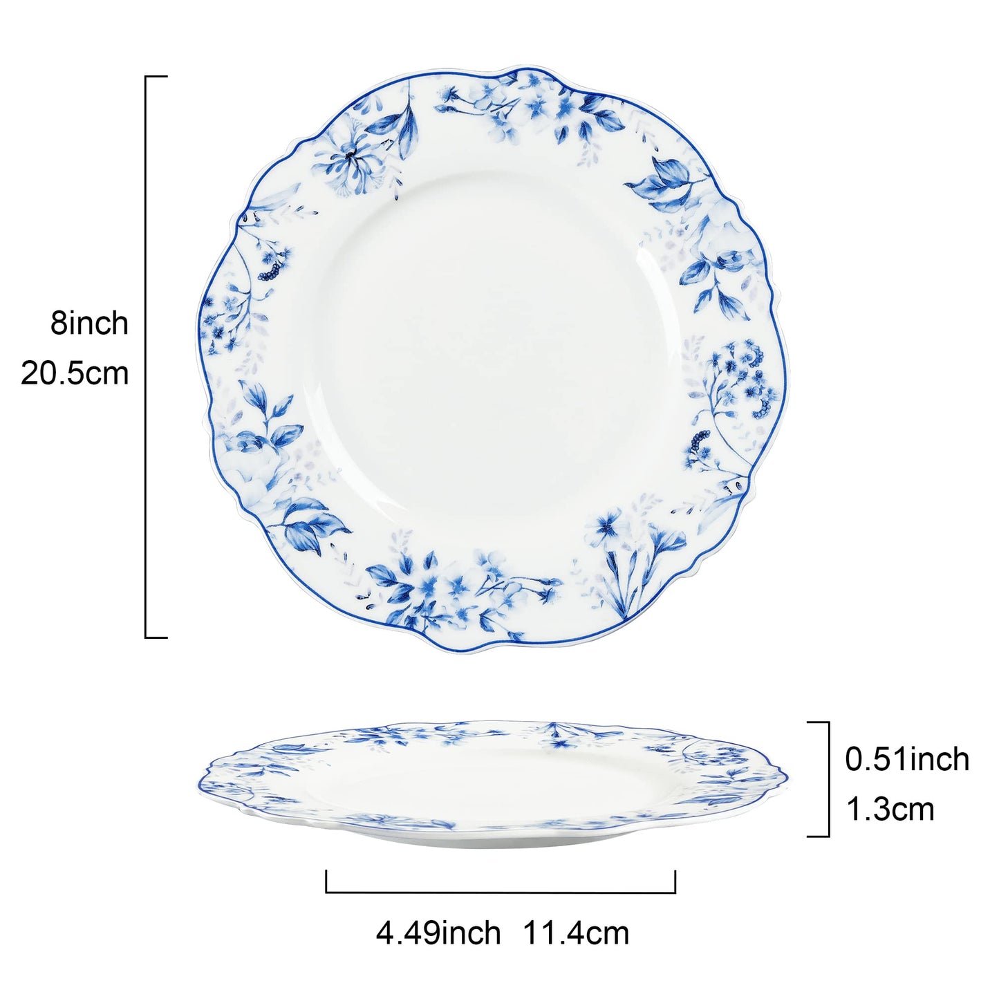 Beeniro Beeniro Premium Light Blue Floral Porcelain Dessert Plates | Set of 4 (20.5cm)